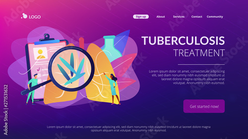 Doctot with magnifier looking at bacteria in lungs. Tuberculosis, mycobacterium tuberculosis and world tuberculosis day concept on white background. Website vibrant violet landing web page template. photo