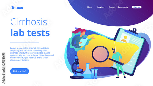 Doctors examining huge liver with magnifier and microscope. Cirrhosis, cirrhosis of the liver and liver disease concept on white background. Website vibrant violet landing web page template.