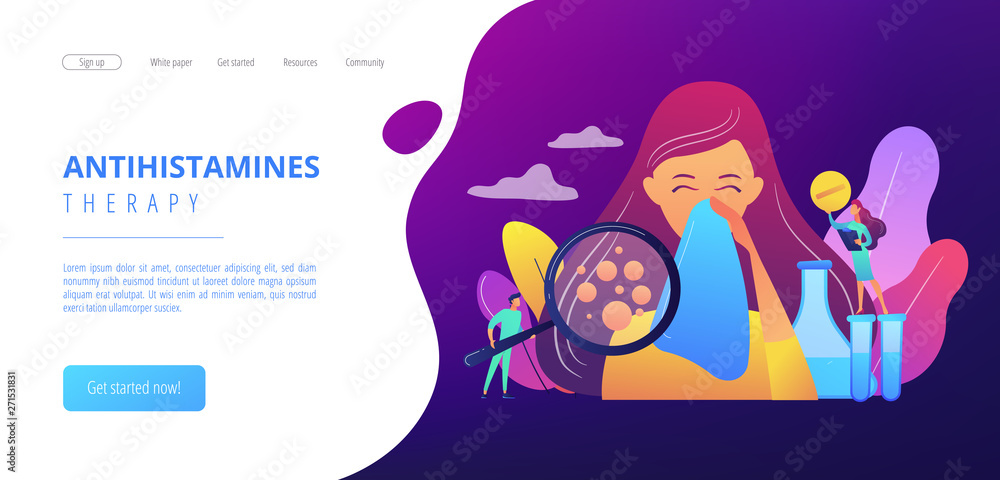 Female patient sneezing, taking a pill from doctor and allergen under magnifier. Allergic diseases, allergy reaction, antihistamines therapy concept. Website vibrant violet landing web page template.