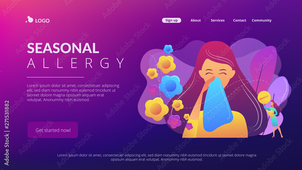Female allergic to spring flowers sneezing and taking medicine. Seasonal allergy, seasonal allergy diagnosis, pollen allergy immunotherapy concept. Website vibrant violet landing web page template. Female allergic to spring flowers sneezing and taking medicine. Seasonal allergy, seasonal allergy diagnosis, pollen allergy immunotherapy concept. Website vibrant violet landing web page template.
