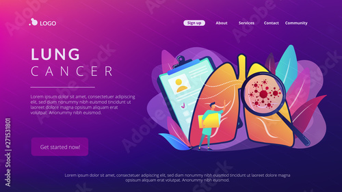 Huge magnifier showing cancer in the lungs and doctor with document folder. Lung cancer, trachea and bronchus concept on white background. Website vibrant violet landing web page template.