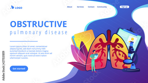 Doctor examines huge lungs desease and microscope. Obstructive pulmonary disease, chronic bronchitis and emphysema concept on white background. Website vibrant violet landing web page template.