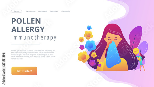 Female allergic to spring flowers sneezing and taking medicine. Seasonal allergy, seasonal allergy diagnosis, pollen allergy immunotherapy concept. Website vibrant violet landing web page template.