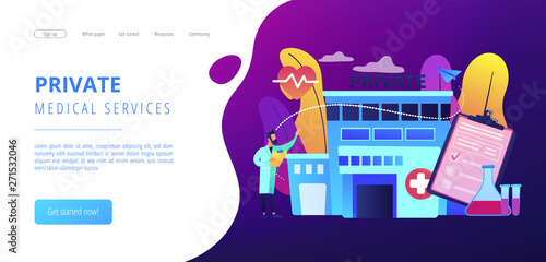 Doctor pointing at private healthcare center with medical services. Private healthcare, private medical services, health care center concept. Website vibrant violet landing web page template.