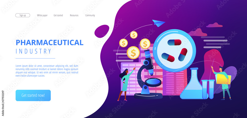 Tiny people scientists in the lab produce pharmaceutical drugs. Pharmacological business, pharmaceutical industry, pharmacological service concept. Website vibrant violet landing web page template. Tiny people scientists in the lab produce pharmaceutical drugs. Pharmacological business, pharmaceutical industry, pharmacological service concept. Website vibrant violet landing web page template.