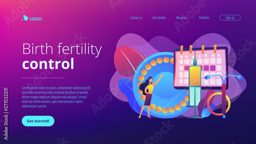 Woman poining at oral contraceptives, iud and bc injection. Female contraceptives, oral hormonal contraception, birth fertility control concept. Website vibrant violet landing web page template.