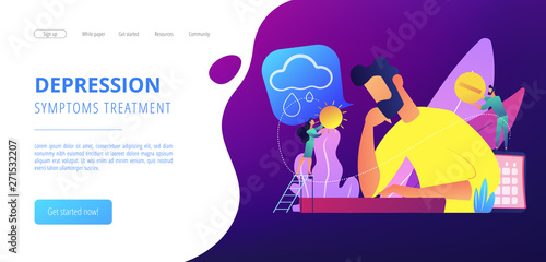 Businessman feeling bad with depressive symptoms, tiny people. Seasonal affective disorder, mood disorder, depression symptoms treatment concept. Website vibrant violet landing web page template.