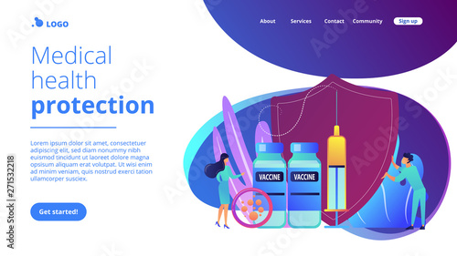 Tiny people doctors and syringe with vaccine, shield. Vaccination program, disease immunization vaccine, medical health protection concept. Website vibrant violet landing web page template.