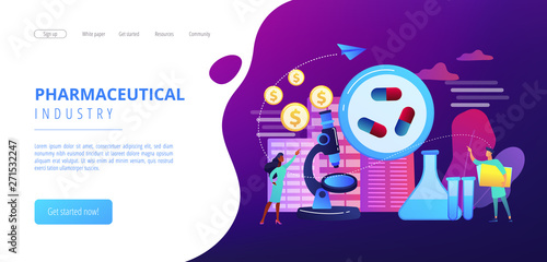 Tiny people scientists in the lab produce pharmaceutical drugs. Pharmacological business, pharmaceutical industry, pharmacological service concept. Website vibrant violet landing web page template.