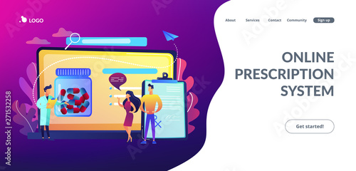 Tiny people, doctor prescribing medicine to patients online. Online prescription system, prescription management system, online pharmacy concept. Website vibrant violet landing web page template.