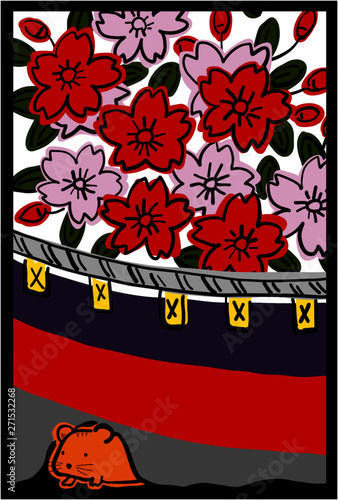 New Year's card, cherry blossom and mouse. Translation:  “Happy new year.Last year I was indebted to you. Thank you again this year. the 2nd of Reiwa era. New Year's Day “