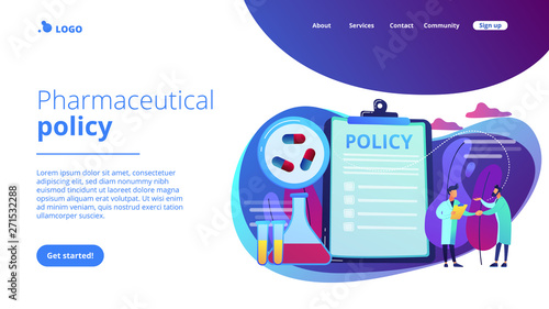 Pharmaceutical policy on clipboard and researchers, tiny people. Pharmaceutical policy, pharmaceutical lobby, drugs production control concept. Website vibrant violet landing web page template.