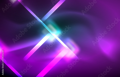 Neon square and line lights on dark background with blurred effects