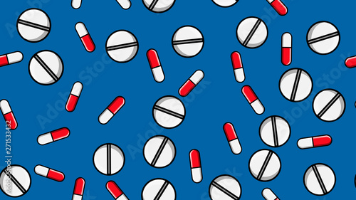 Seamless pattern texture of endless repetitive medicine tablets pills dragee capsules and medication plates with vitamins on a blue background flat lay. Vector illustration