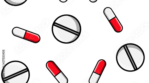 Seamless pattern texture of endless repetitive medicine tablets pills dragee capsules and medication plates with vitamins on a white background flat lay. Vector illustration