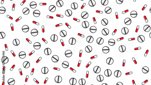 Seamless pattern texture of endless repetitive medicine tablets pills dragee capsules and medication plates with vitamins on a white background flat lay. Vector illustration