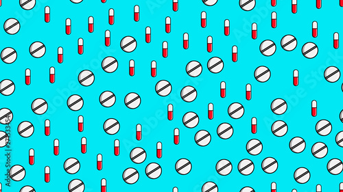 Seamless pattern texture of endless repetitive medicine tablets pills dragee capsules and medication plates with vitamins on a blue background flat lay. Vector illustration