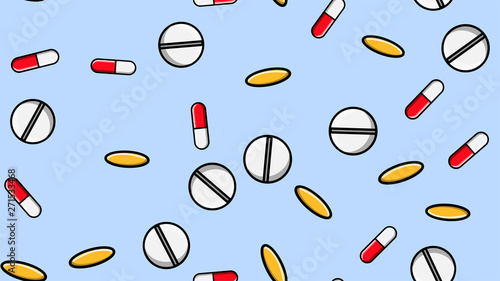 Seamless pattern texture of endless repetitive medicine tablets pills dragee capsules and medication plates with vitamins on a blue background flat lay. Vector illustration