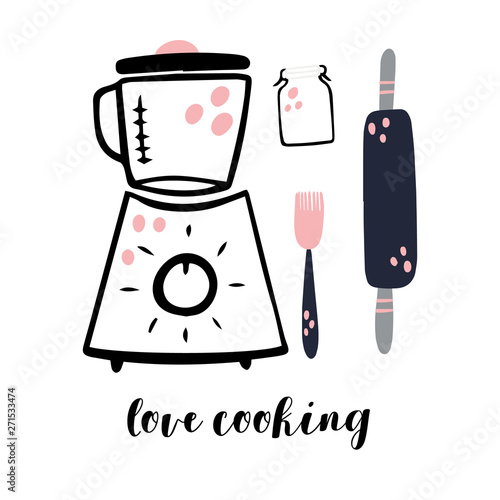 Love cooking card.Vector print with jar, blender, cooking things..