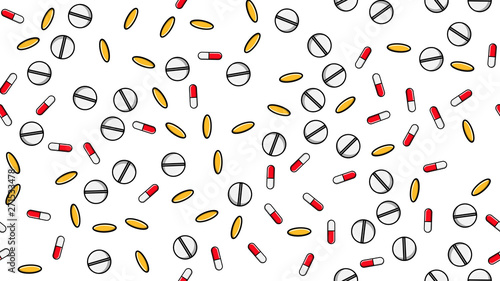 Seamless pattern texture of endless repetitive medicine tablets pills dragee capsules and medication plates with vitamins on a white background flat lay. Vector illustration