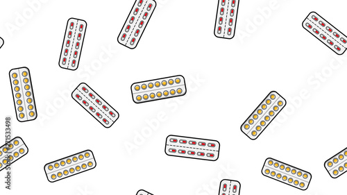 Seamless pattern texture of endless repetitive medicine tablets pills dragee capsules and medication plates with vitamins on a white background flat lay. Vector illustration