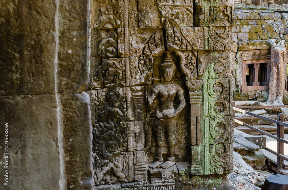 Apsara Decoration Detail of Ta Prohm Temple is The One Attractive Temple In Angkor Thom Area at Siem Reap Province, Cambodia.