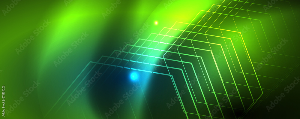 Naklejka premium Neon glowing techno lines, hi-tech futuristic abstract background template, vector