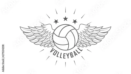 Obraz Czarno-biała ilustracja na temat sportu. Okrągła piłka do siatkówki i tekst z gwiazdami. Godło klubu siatkówki