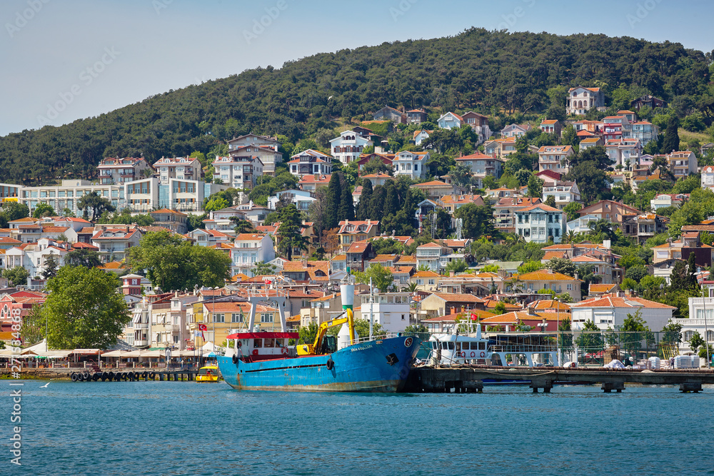 Ship on the pier. Heybeliada, Princes' Islands (Adalar) in the Sea of Marmara. Istanbul.