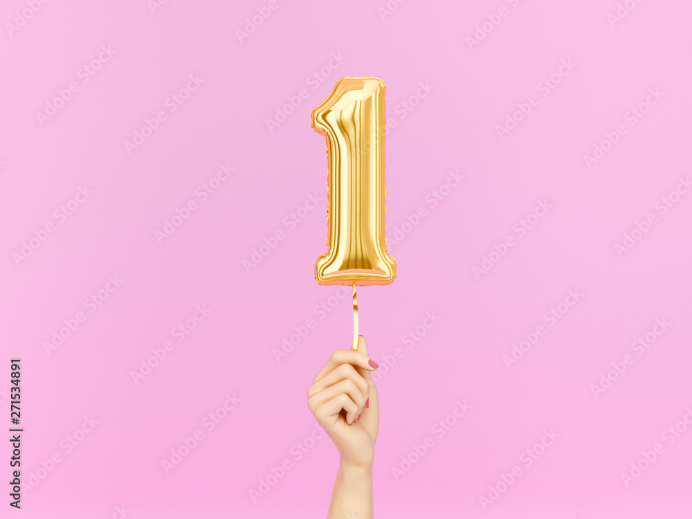 One year birthday. Female hand holding Number 1 foil balloon. One-year anniversary background. 3d rendering - obrazy, fototapety, plakaty 