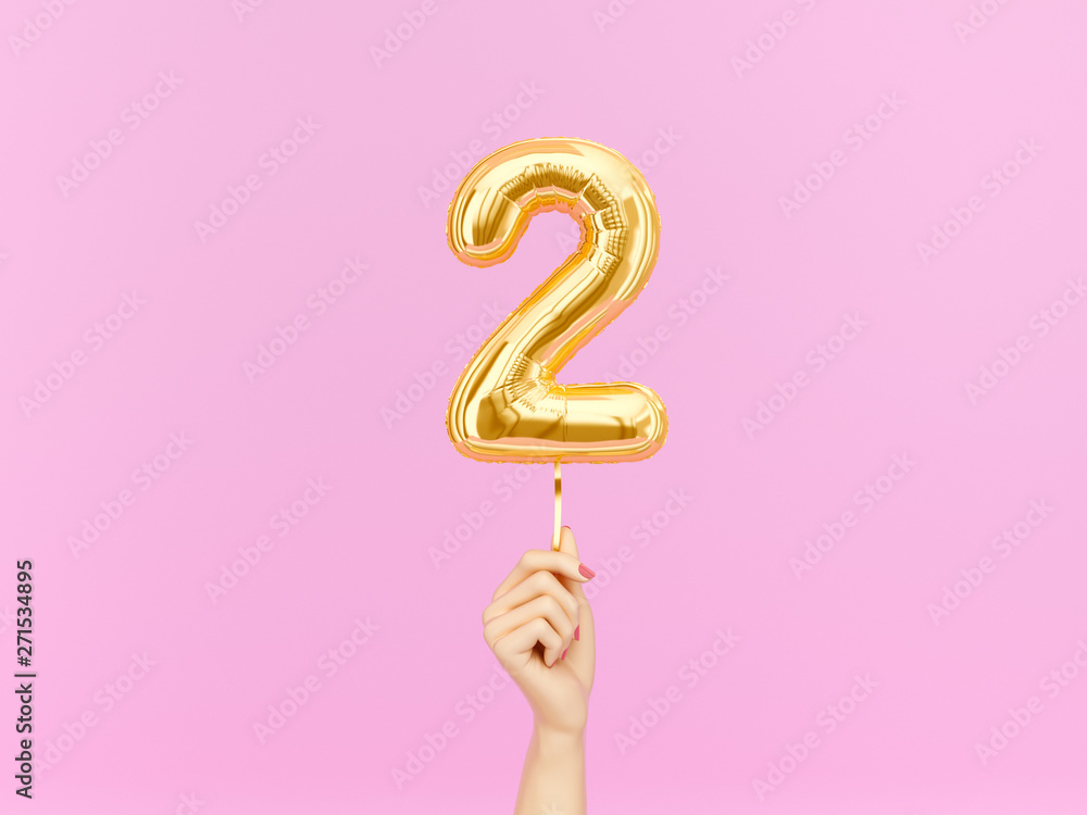 Two year birthday. Female hand holding Number 2 foil balloon. Two-year  anniversary background. 3d rendering foto de Stock | Adobe Stock