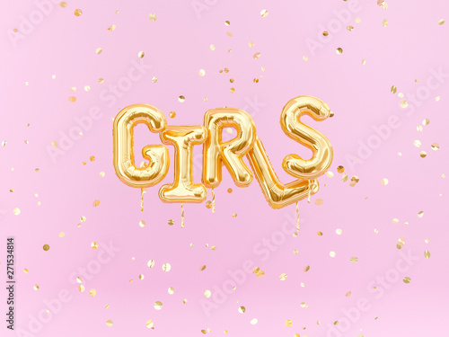 Girls text gold foil balloons and confetti on pink background, happy event banner, 3d rendering