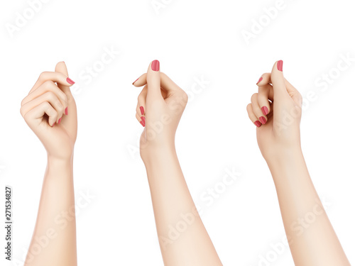 Holding hands isolated on white. Showing something Female hand gesture.  3d rendering.