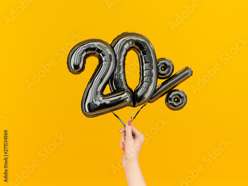 Twenty percent symbol discount. 20 % sale banner black flying foil balloons on yellow. 3d rendering.