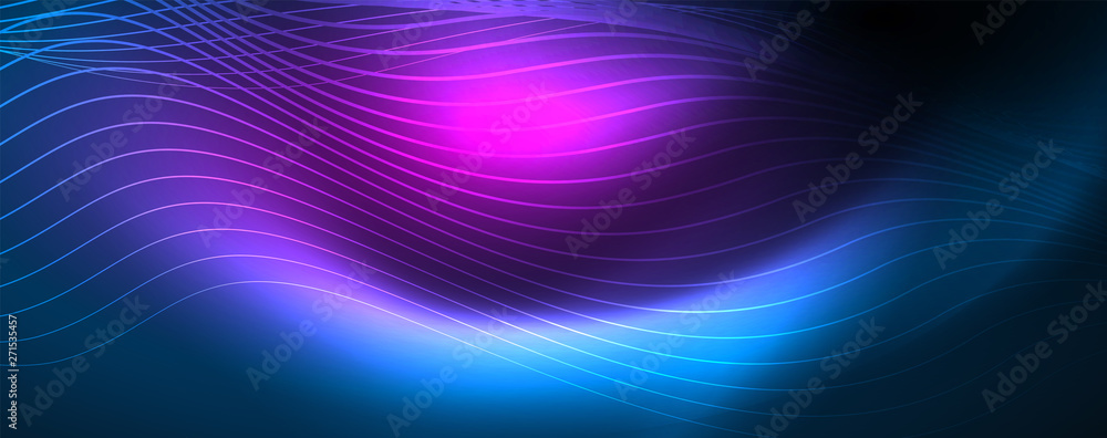 Smooth wave lines on blue neon color light background. Glowing abstract wave on dark, shiny motion, magic space light Smooth wave lines on blue neon color light background. Glowing abstract wave on dark, shiny motion, magic space light