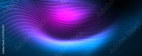 Smooth wave lines on blue neon color light background. Glowing abstract wave on dark, shiny motion, magic space light