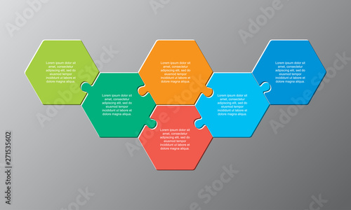 Six pieces puzzle jigsaw hexagonal info graphic