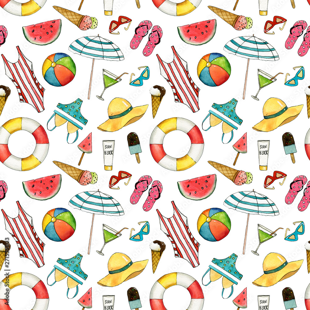 Hand drawn travel watercolor seamless pattern with umbrella, hat, swimming suit, coctail, ice cream, ball, lifebuoy, sun glasses.