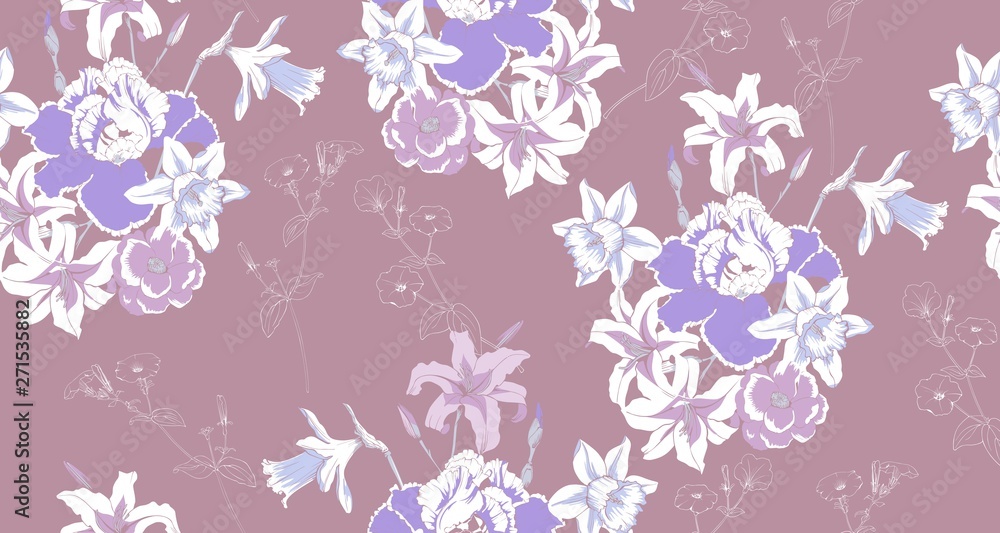 Floral Pattern with lilies and irises for textile production. Vector print, 6 color. Rapport 64 cm.