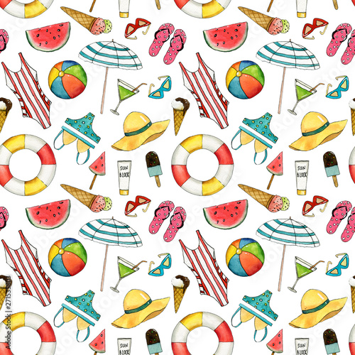 Hand drawn travel watercolor seamless pattern with umbrella, hat, swimming suit, coctail, ice cream, ball, lifebuoy, sun glasses.