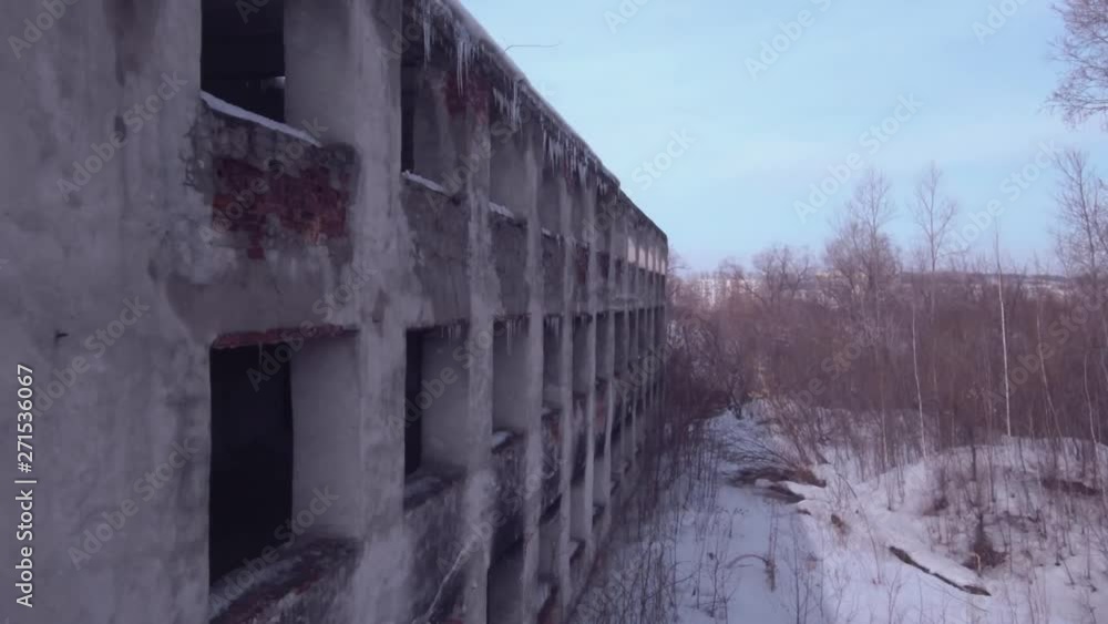 Flight over the abandoned building, Old destroyed building in a winter season. Aerial view 4K Flight over the abandoned building, Old destroyed building in a winter season. Aerial view 4K