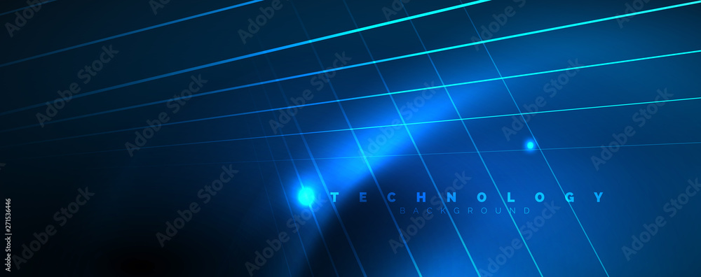 Neon blue glowing lines, magic energy space light concept, abstract background wallpaper design