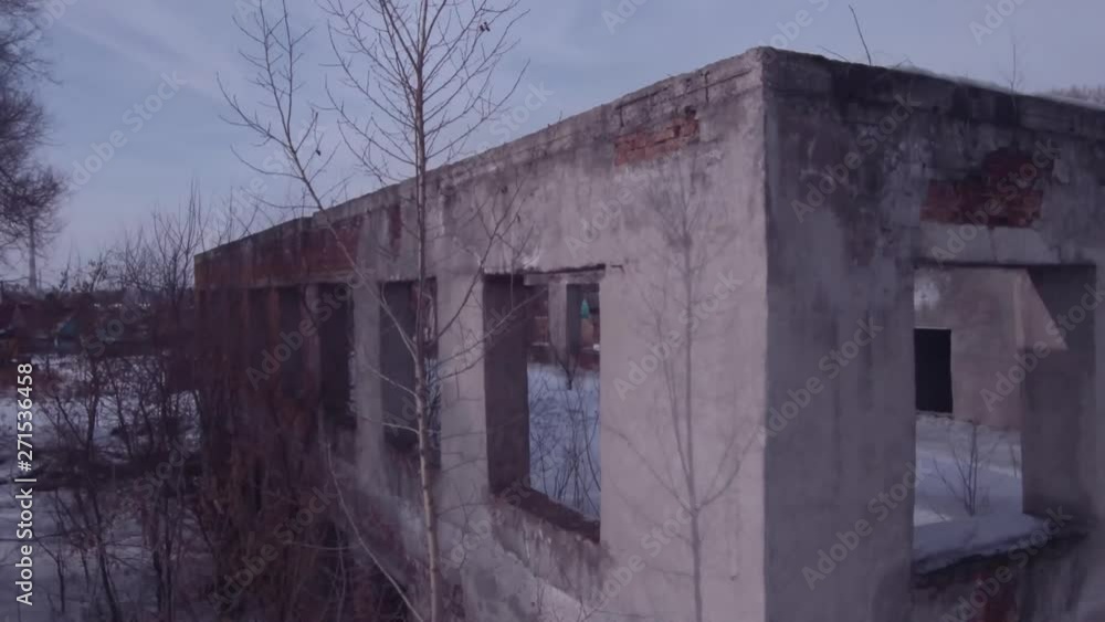 Flight over the abandoned building, Old destroyed building in a winter season. Aerial view 4K Flight over the abandoned building, Old destroyed building in a winter season. Aerial view 4K