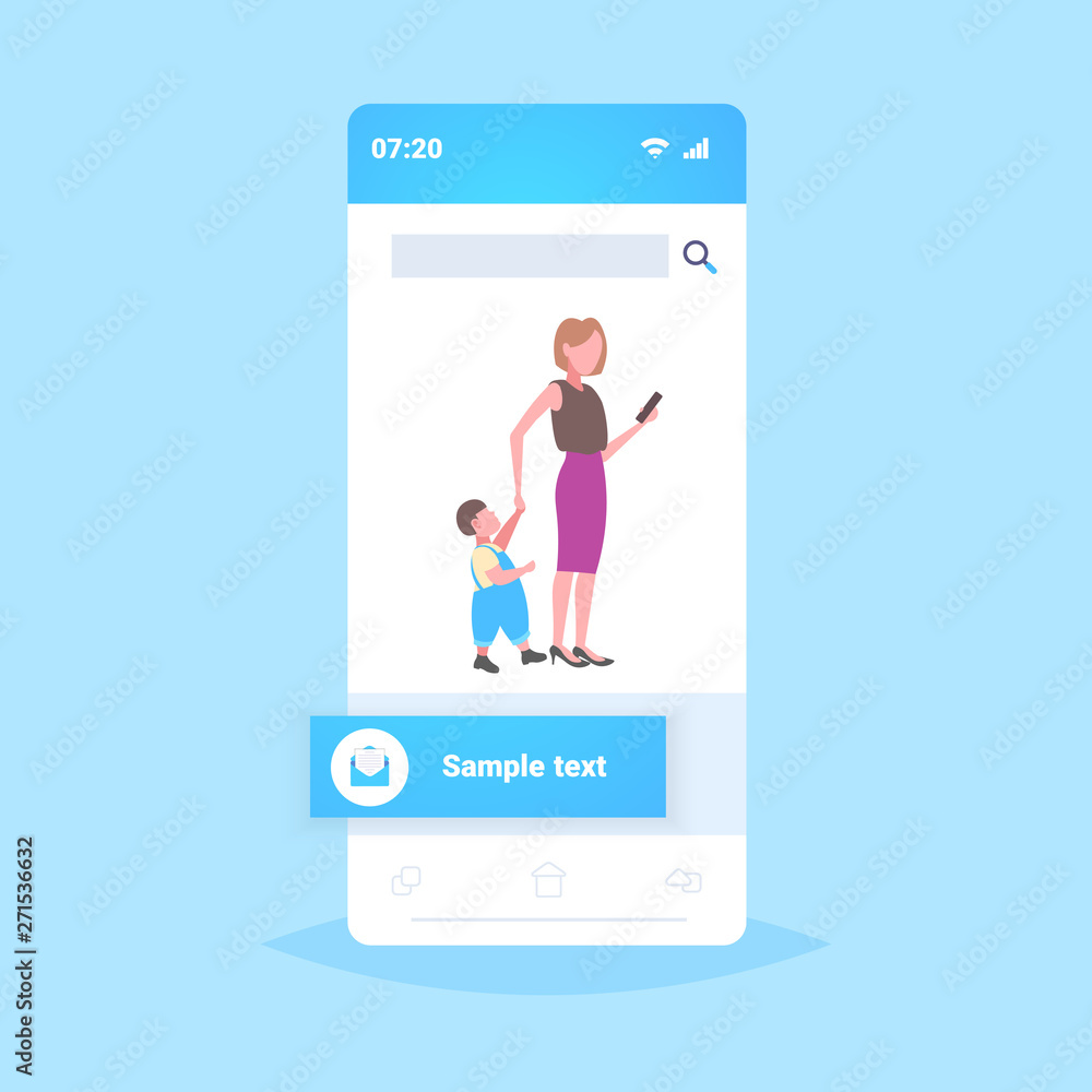 business woman using cellphone while walking with little child son want attention from mother smartphone addiction concept online mobile application flat full length business woman using cellphone while walking with little child son want attention from mother smartphone addiction concept online mobile application flat full length