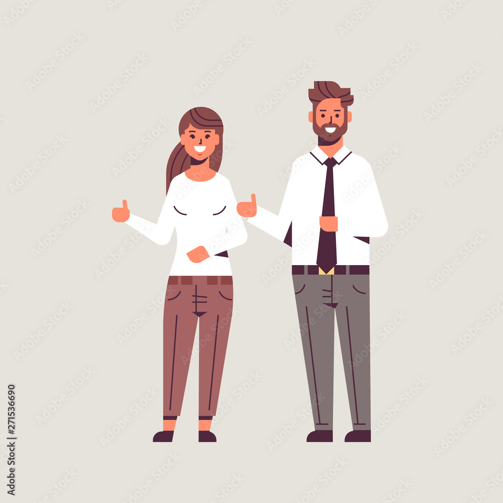 happy businesspeople man woman holding hand with thumb up gesture couple coworkers standing together successful teamwork concept flat full length happy businesspeople man woman holding hand with thumb up gesture couple coworkers standing together successful teamwork concept flat full length