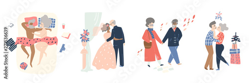 Elderly people relationship. Wedding day, walking, kiss under the mistletoe, bed scene.