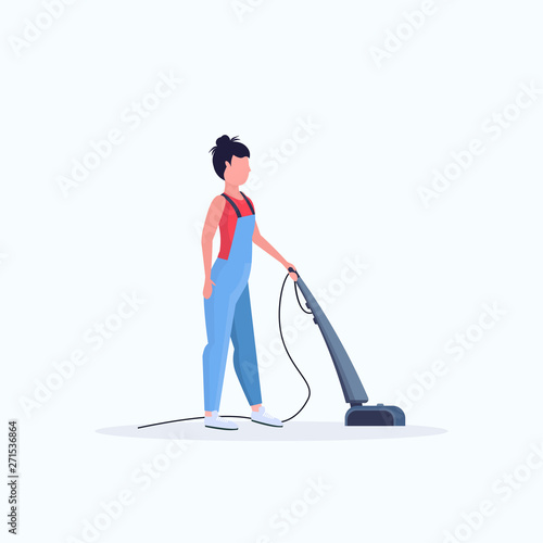 woman using vacuum cleaner female janitor in uniform cleaning service floor care concept flat full length white background