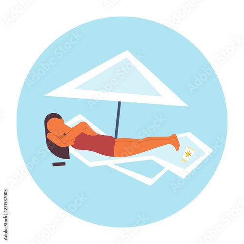 Bikini woman sunbathing girl in swimsuit lying