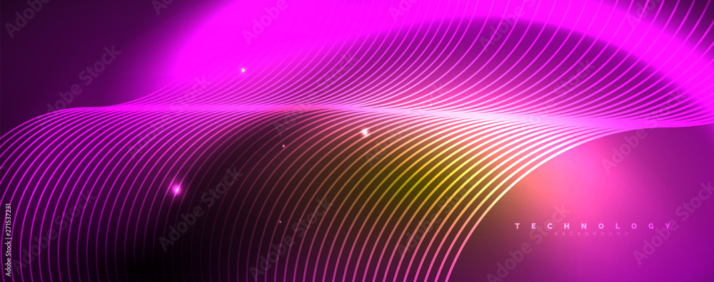 Bright neon circles and wave lines, glowing shiny background design template, digital techno concept.