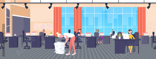 overworked businesswoman engaged in work with paper documents stack deadline hard working paperwork concept modern open space office interior flat full length horizontal